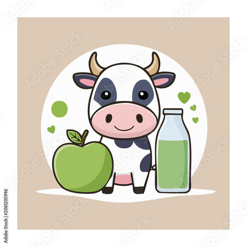 Cute cartoon cow with apple and milk bottle