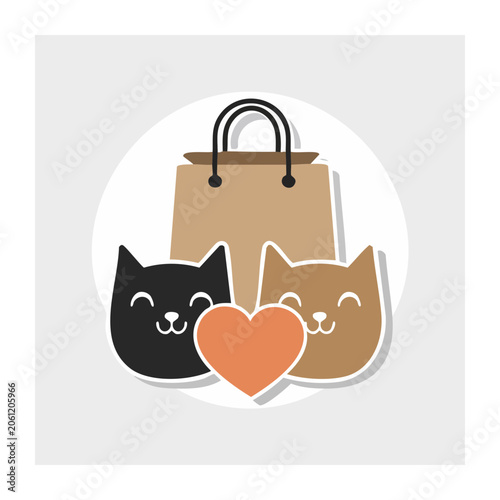Cute cats with shopping bag and heart illustration