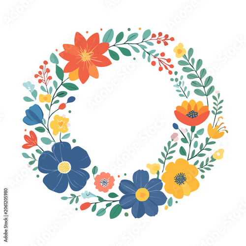 Flat design floral wreath with colorful flowers and leaves