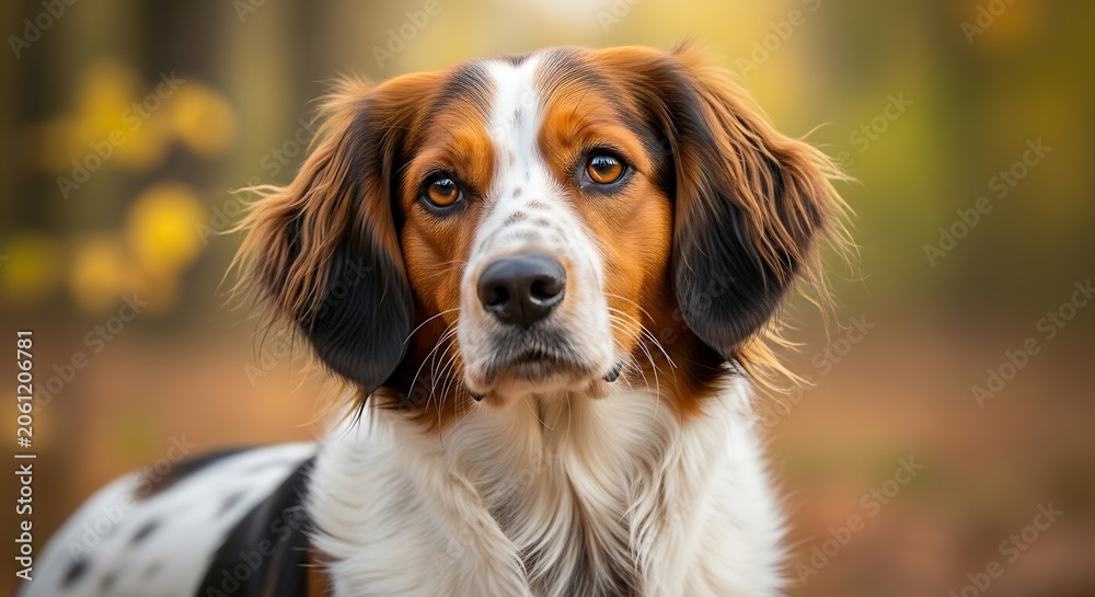 Fototapeta premium Portrait of a brown and white spaniel dog with expressive eyes outdoors