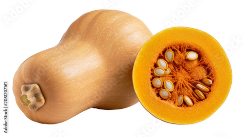 Fotografía Butternut squash cut in half showing seeds and flesh