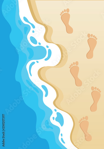 beach landscape ocean waves, footprints in sand, starfish and travel time Overhead top view illustration for vacation concept, tourism marketing and summer holiday card design