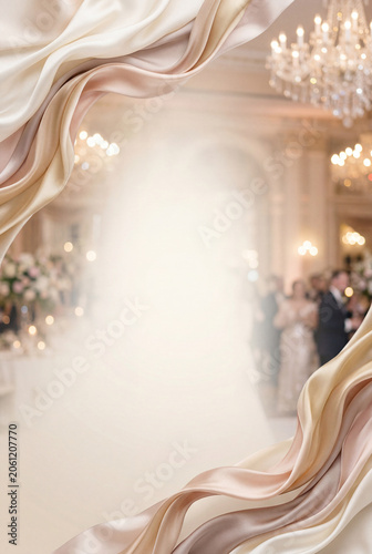 Elegant wedding scene set in a grand venue with soft fabric framing the moment captured during the ceremony