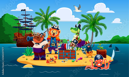 Photography Cartoon animal pirates and corsairs characters on tropical island with treasures