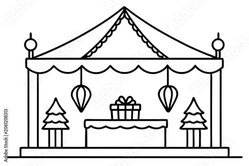 Festive Christmas Market Stall Line Art Vector