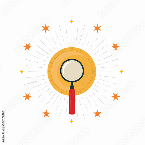 Magnifying Glass Over Golden Coin with Stars