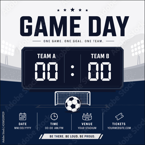 Game day soccer announcement flyer template featuring digital scoreboard with stadium lights and goal net graphics for professional sports league.