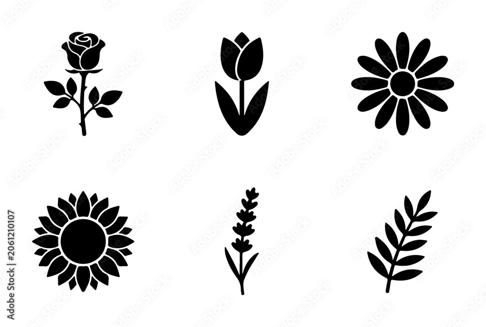 Fototapeta premium Floral Icons Set: Rose, Tulip, Daisy, Sunflower, Lavender, Leaf Vector Graphics