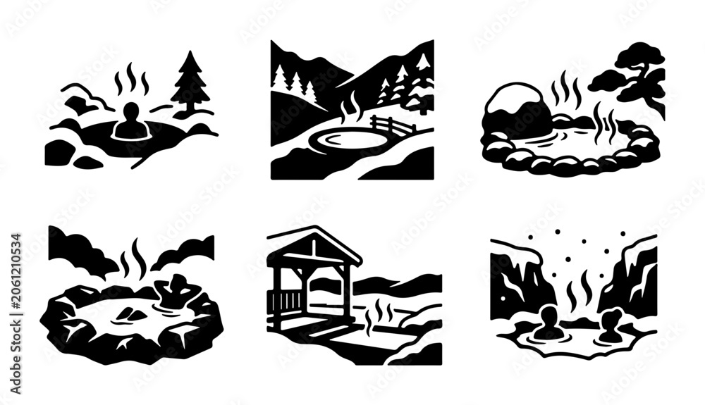 Obraz premium Onsen Hot Spring Icons, Japanese Bathing Scenes, Relaxation Vector Set