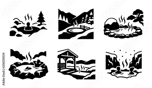 Onsen Hot Spring Icons, Japanese Bathing Scenes, Relaxation Vector Set