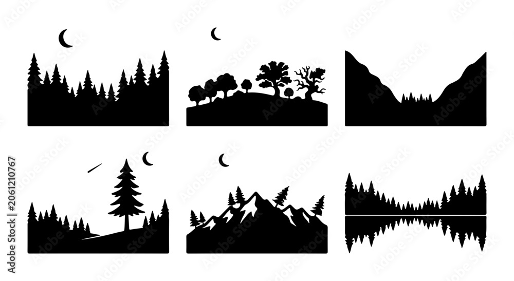 Fototapeta premium Vector Forest & Mountain Landscapes, Nature Silhouettes, Night Scenes