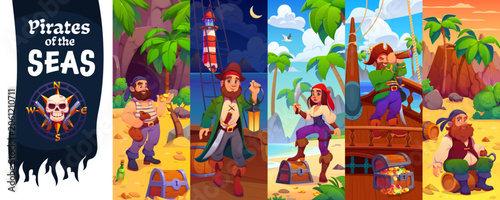 Fotografie Cartoon pirate and corsair characters on treasure island and ship deck collage