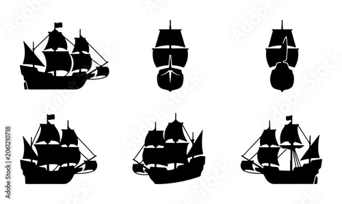 Schilderij op canvas Set of Six Black Silhouette Sailing Ships, Nautical Vessels, Maritime Transport