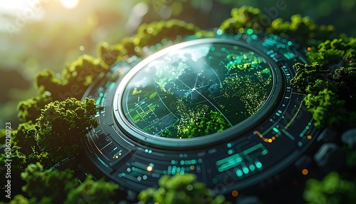 A futuristic dome with green trees and a glowing blue globe