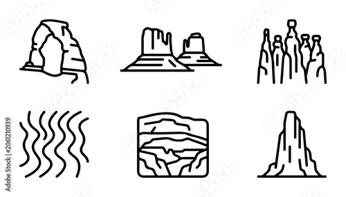 Desert Landscape Icons, Rock Formations, Canyon Views, River Waves