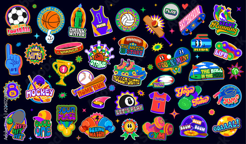 Funky sport patch y2k groovy stickers. Retro labels for gym, fitness, sport games and workouts. Vector groovy basketball jersey, football ball, skateboard, yoga, tennis and baseball equipment stickers
