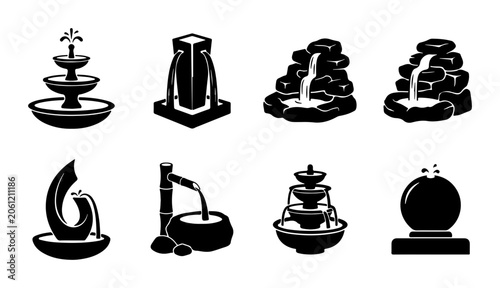 Garden Fountain Icons Set, Water Feature Vector Graphics, Outdoor Decor Elements