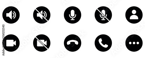Photos Collection of black and white icons for video calls and online meetings, including mute, camera, and hang up