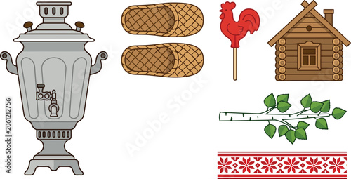 Φωτογραφία Russian Culture and Folklore Icon Set Featuring Samovar, Bast Shoes, Rooster Lol