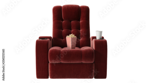 Foto Plush red velvet cinema armchair with popcorn and drink holder