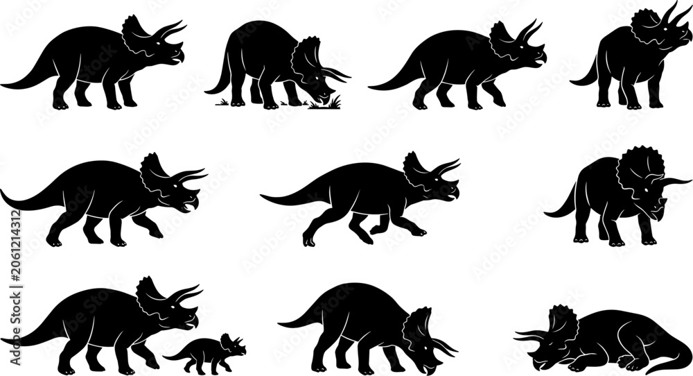 Obraz premium vector can editable Prehistoric triceratops silhouettes illustrating the might of the three-horned herbivore