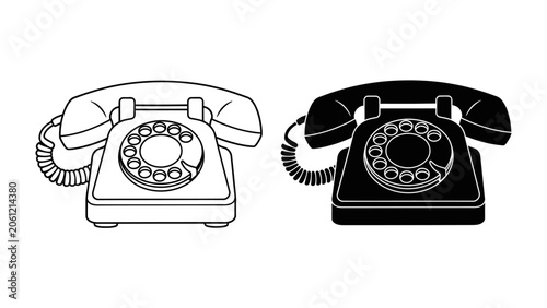 Konstfotografi Retro Rotary Phone Duo: A classic rotary dial telephone presented in both outline and silhouette form, representing timeless communication technology