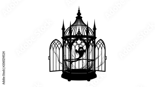Foto Haunting Specter in a Victorian Cage: A ghostly silhouette with glowing eyes is trapped within an ornate, gothic birdcage, its open doors hinting at a mysterious escape