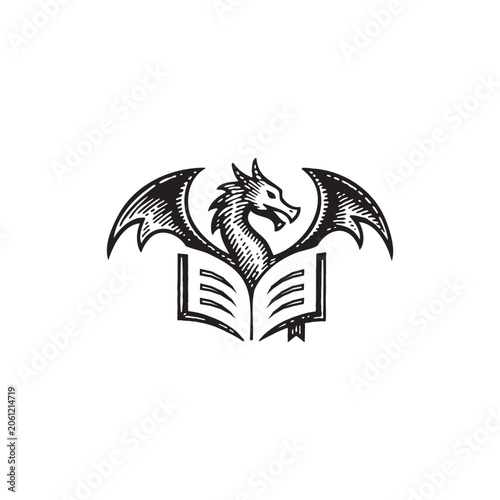 Vintage Woodcut Dragon on Open Book Illustration