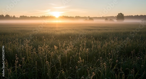 Golden sunrise, misty field, green wheat landscape, serene countryside