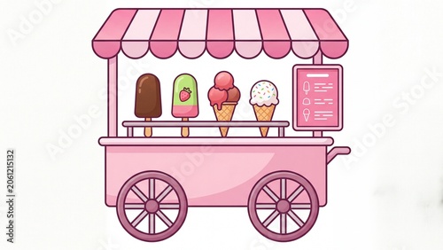 Pink ice cream cart featuring delicious frozen treats and a menu sign on white background
