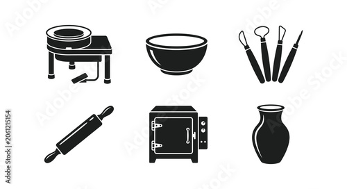 Принти на полотні Ceramic and pottery workshop tool icons set in black and white