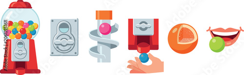 Quadro su tela Vintage Gumball Machine and Bubblegum Mechanism Icon Set with Coin Slot Spiral S