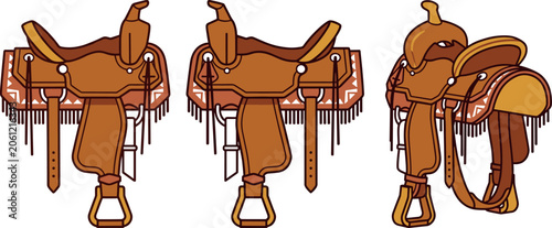 Western Horse Saddle Vector Set Featuring Leather Cowboy Tack From Multiple Angles Side And Isometric Views For Equestrian Equipment Designs