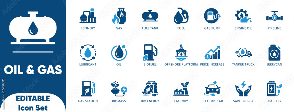 Naklejka premium Oil and Gas icon set. lubricant, refinery, gas, engineer, fuel, gauge, illustration, oil, and solid icons.