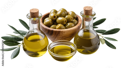 Konstfotografi Green olives in wooden bowl with olive oil in glass bottles and dish