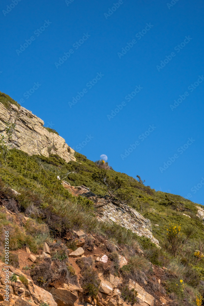 Fototapeta premium Daytime moon rising behind a rocky slope with green vegetation of the Montseny mountain with green vegetation under a clear blue sky.