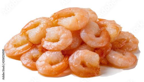 Quadro su tela Pile of cooked peeled shrimp with orange shells
