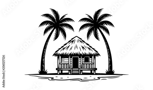 Fotografie Black and white tropical beach hut with palm trees vintage vector illustration