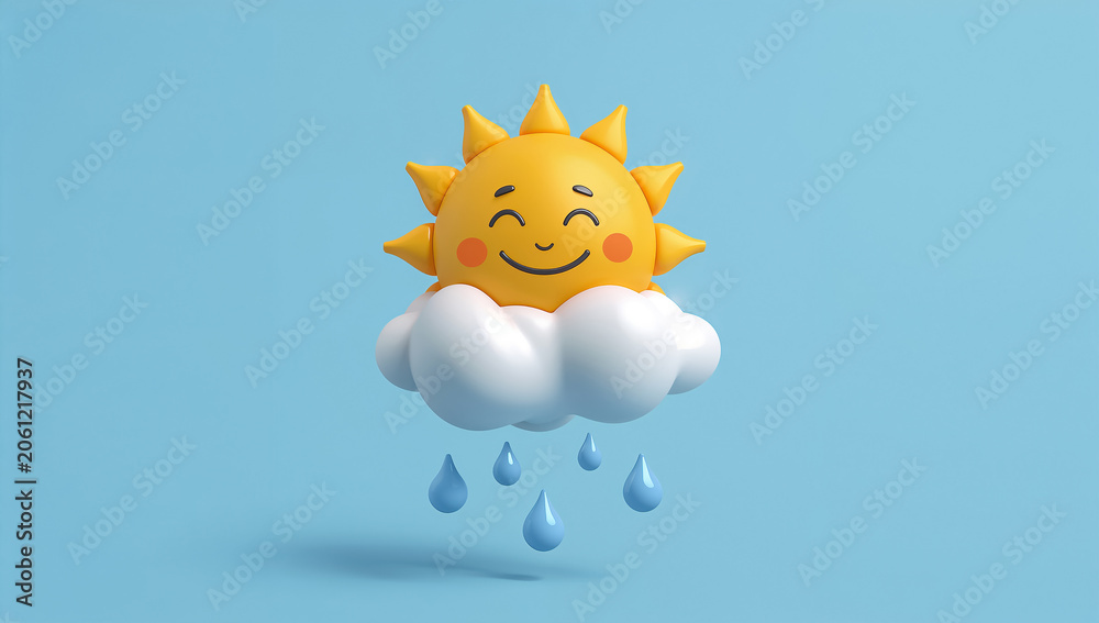 Fototapeta premium 3D render happy cartoon sun and cloud funny on background