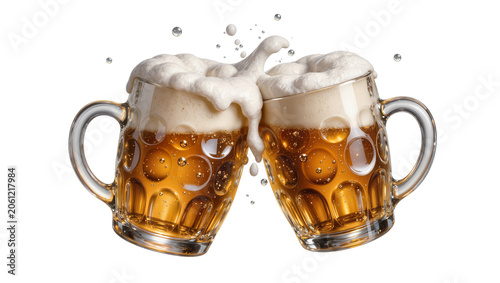 Fotografie Two frothy beer mugs clinking with overflowing foam and bubbles