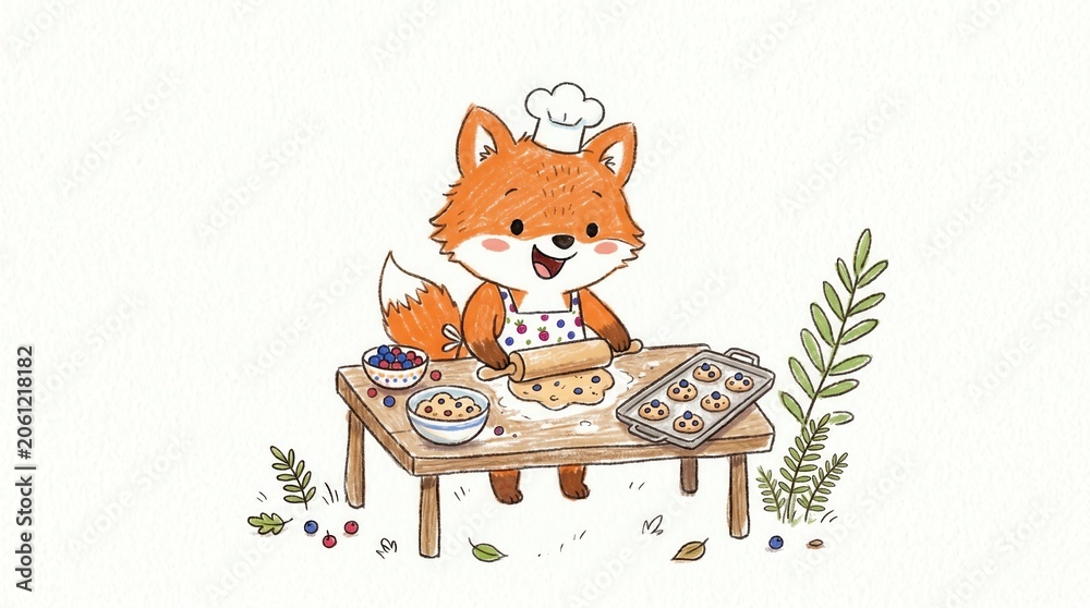 Obraz premium Smiling fox wearing a chef hat rolls cookie dough with blueberries on an outdoor table