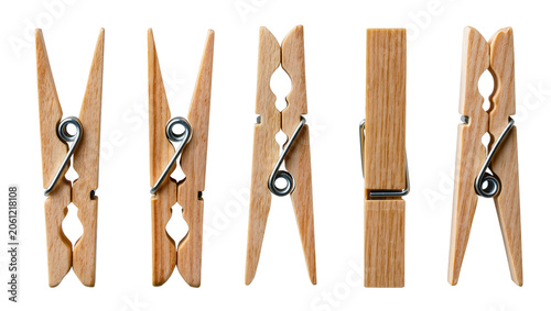 Fotografie Wooden clothespins with metal springs, set of five