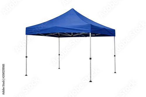 Blue pop-up canopy tent, portable folding event shelter with steel frame, outdoor market booth shade structure isolated PNG with Transparent Background