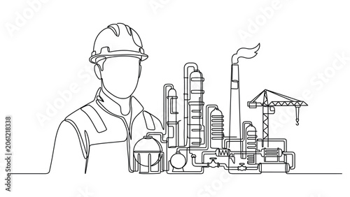 Continuous line drawing industrial worker with factory.