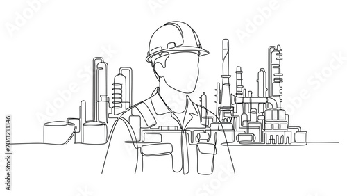 Continuous line drawing of industrial worker.