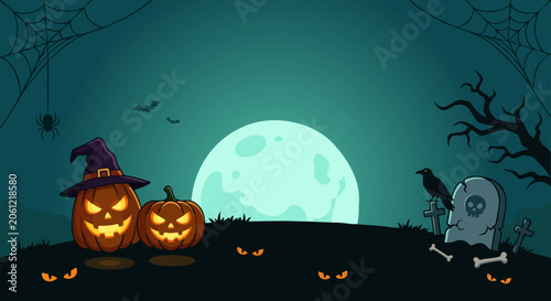 Spooky Halloween night background: pumpkins, full moon. Vector illustration of dark cemetery landscape banner with scary jack-o'-lanterns, gravestone, cobweb, teal sky. Dark Halloween cemetery scene