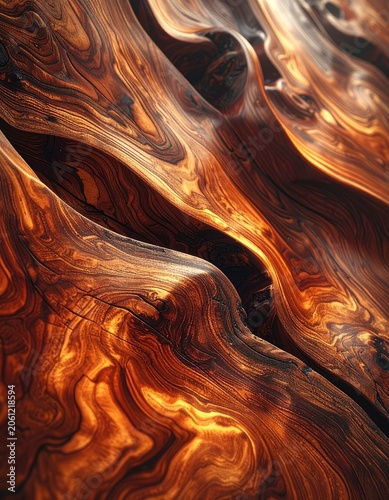 Close-up of polished wood grain with dramatic lighting.