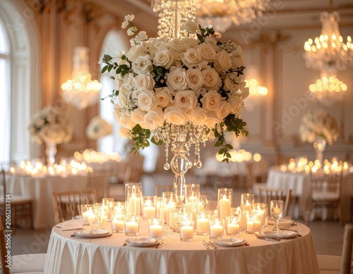 An elegantly decorated ballroom table set for a formal event with a large floral centerpiece and numerous candles.
