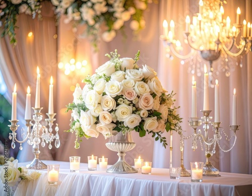 A romantic table setting with a large bouquet of white roses and lit candles.