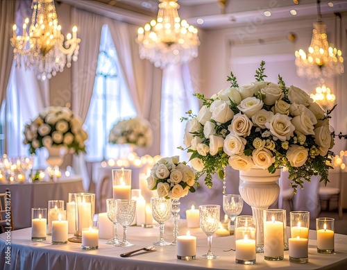 An elegant wedding reception table setting with white roses and candles.